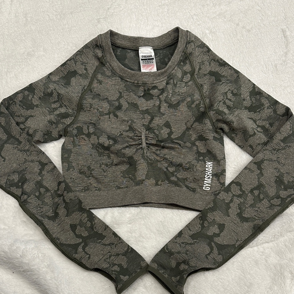 Gymshark Women's Olive Camouflage Crop Top Small